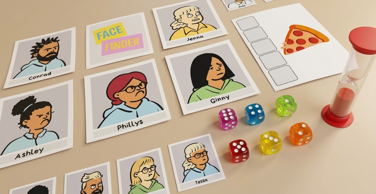 Juegos educativos Fulatta — cartas, dados y fichas sobre fondo crema